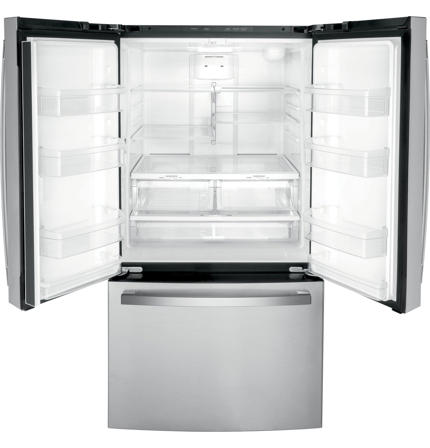 Open fingerprint resistant French-door refrigerator with adjustable shelves and spacious interior in kitchen appliances collection