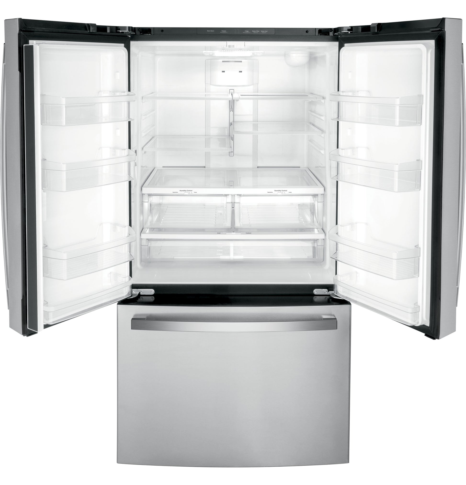 Open fingerprint resistant French-door refrigerator with adjustable shelves and spacious interior in kitchen appliances collection