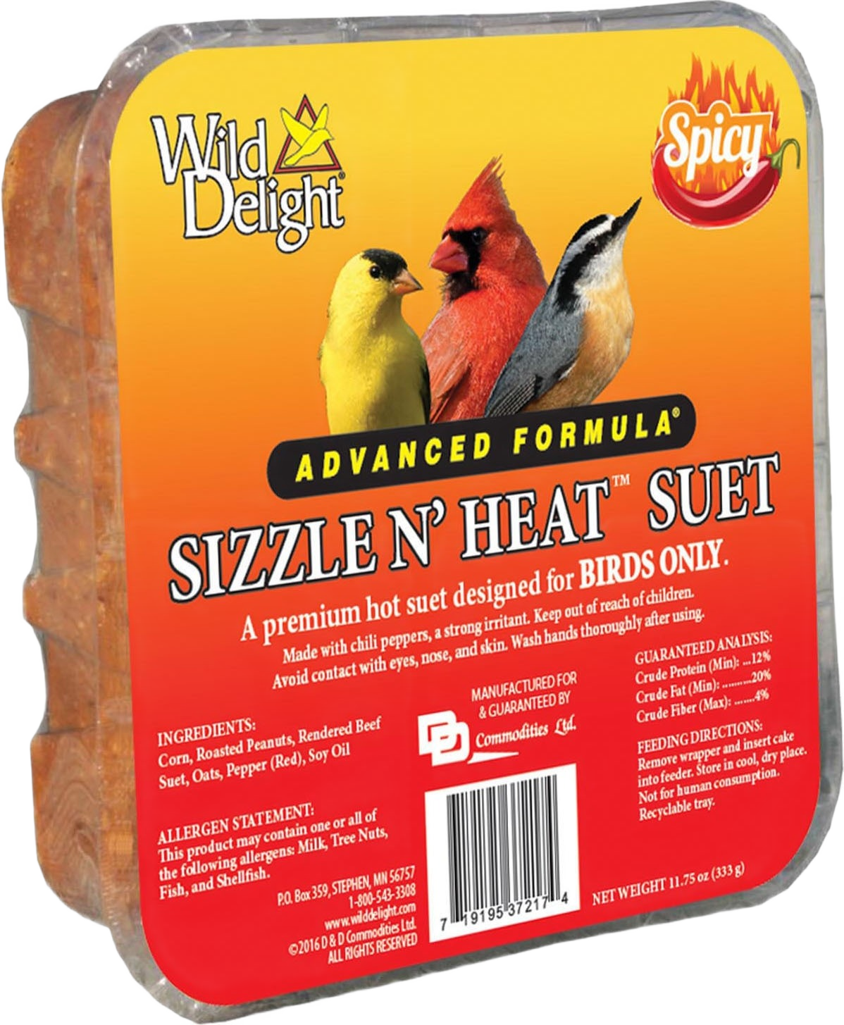 Wild Delight spicy hot suet block with bird illustrations, designed for feeding wild birds only