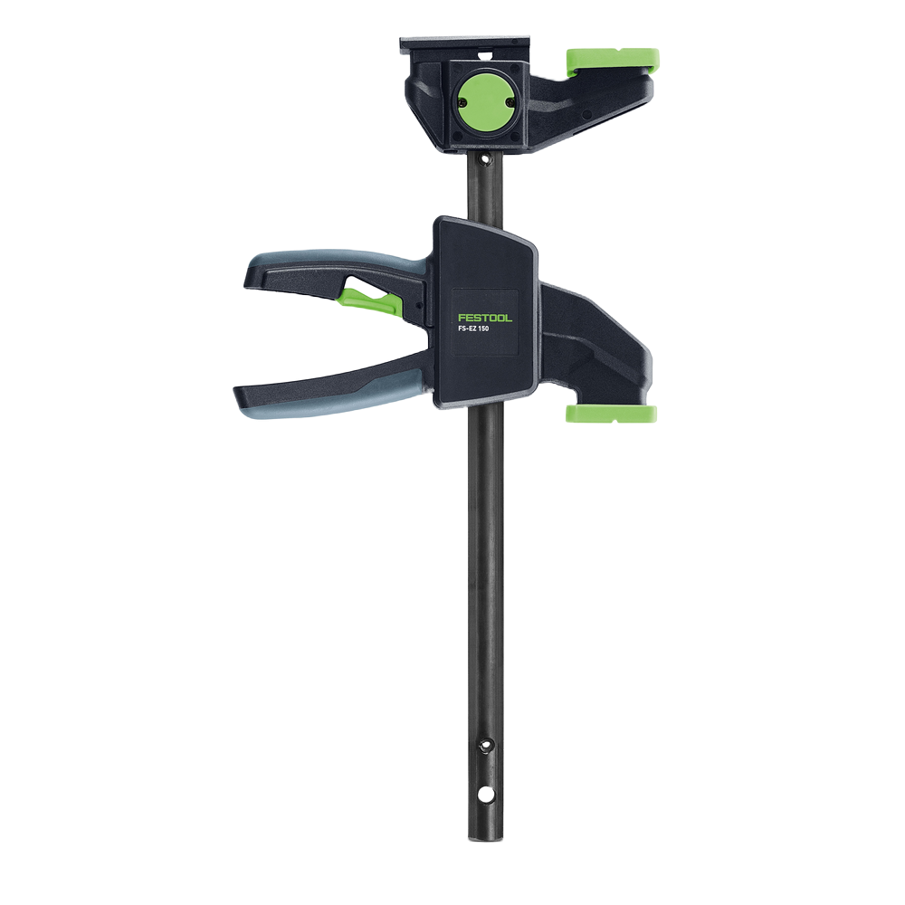 Black and green one-handed clamp designed for woodworking tool accessories in power tool and home improvement collections
