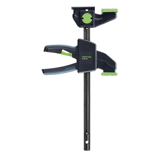 Black and green one-handed clamp designed for woodworking tool accessories in power tool and home improvement collections
