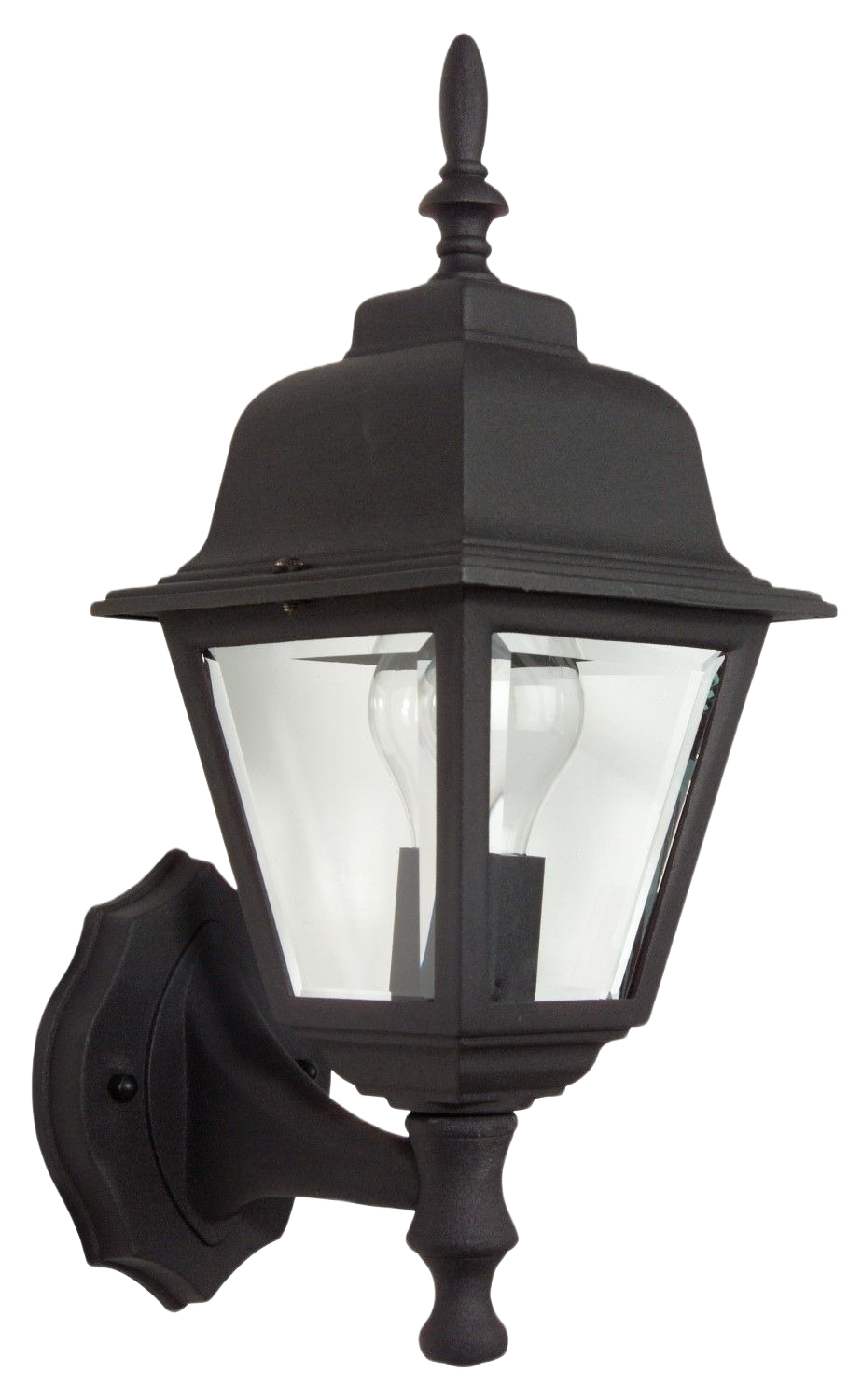 Black cast metal outdoor wall sconce with clear glass panels for lighting and outdoor living spaces