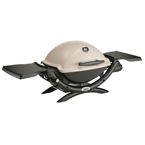 Compact titanium propane grill with foldable side shelves for outdoor cooking and home improvement enthusiasts