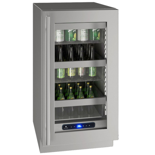 18-inch stainless steel beverage refrigerator with glass door, digital temperature display, and adjustable shelves in kitchen appliances collection
