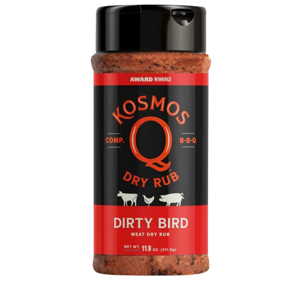 11 oz. Kosmos Q Dirty Bird Rub in black and red container for poultry seasoning in grilling and BBQ spices under $50