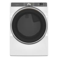 White front load gas dryer with large black tinted door and digital control panel from dryers and appliances collections