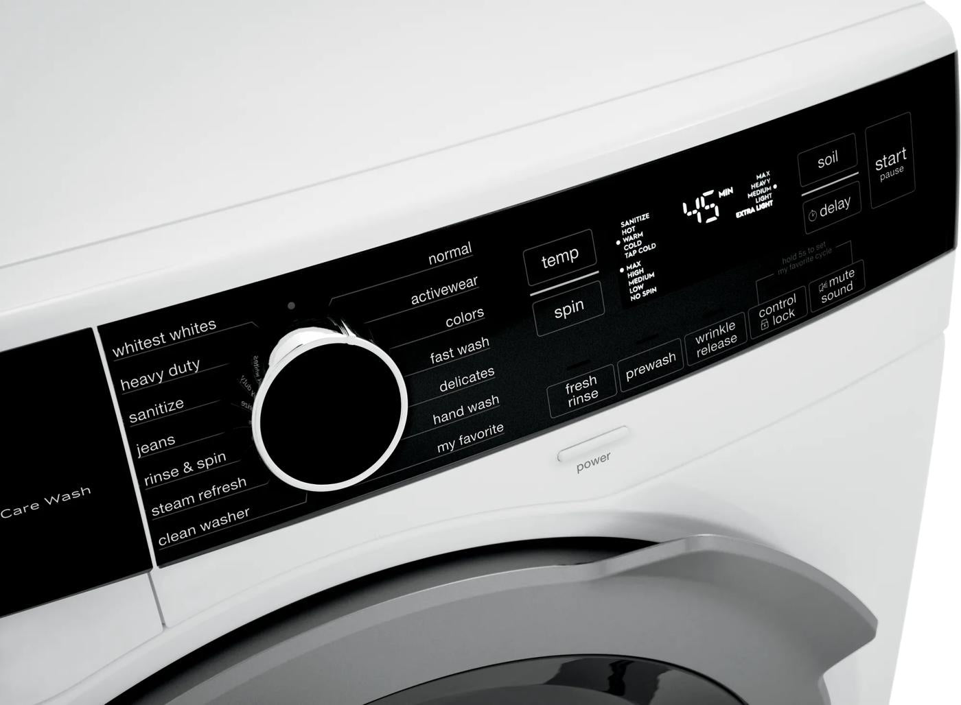 Close-up of digital control panel and cycle selector dial on a front load washer from Washers & Dryers collection