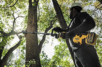 Person using a cordless pole saw attachment to trim high tree branches in outdoor home improvement setting
