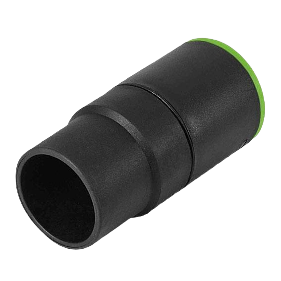 Black compact reducing sleeve with green accent for dust management in woodworking and shop vacuum accessories