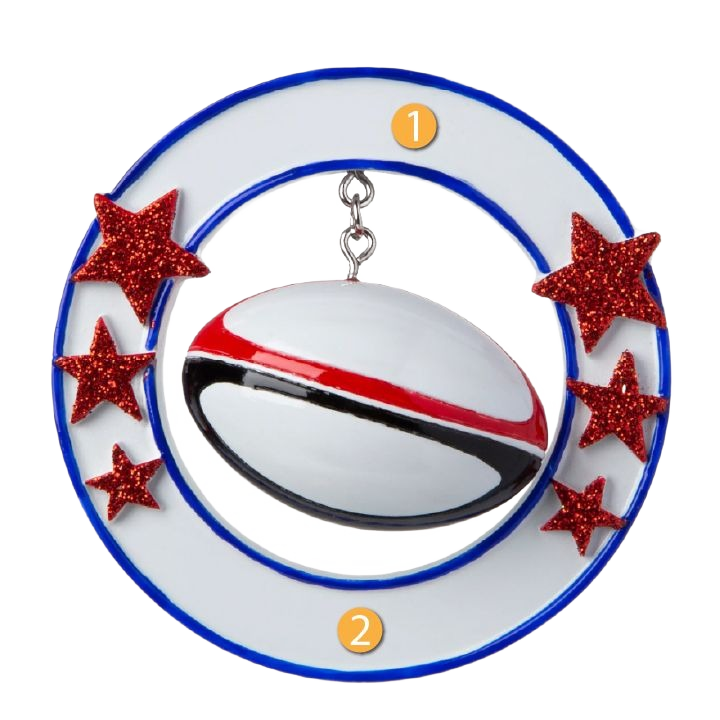 Personalized 3D rugby ball ornament with red glitter stars on white and blue ring, Christmas decoration under $50