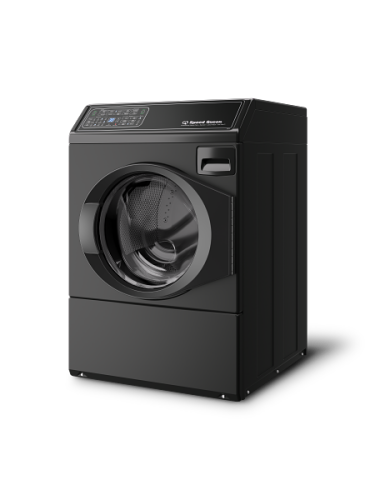 Matte black front load washer with right hinge door and digital control panel from washers and appliances collection