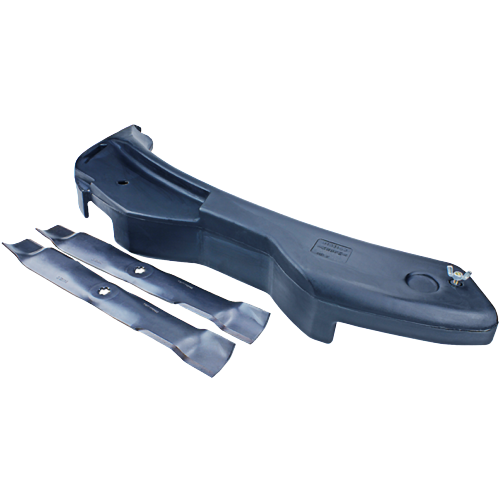 Black plastic mulching attachment with two steel mower blades for lawn and garden equipment use
