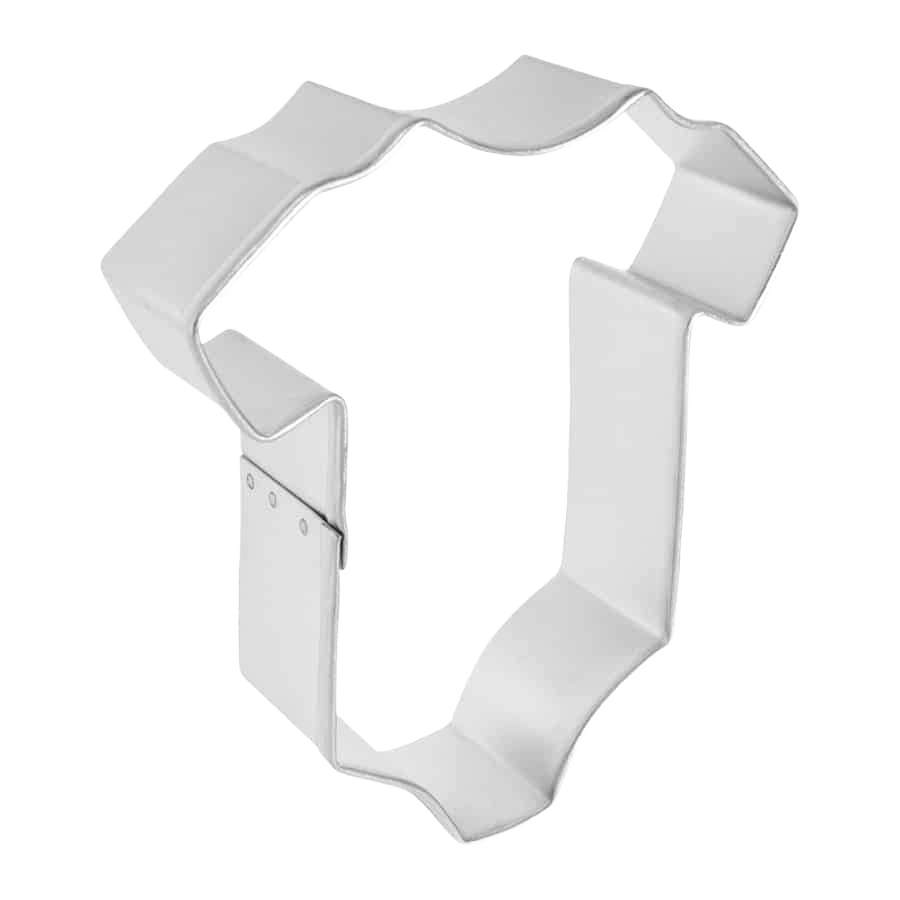 Metal cookie cutter shaped like a baby jumper, measuring 4 inches for baking and home use projects