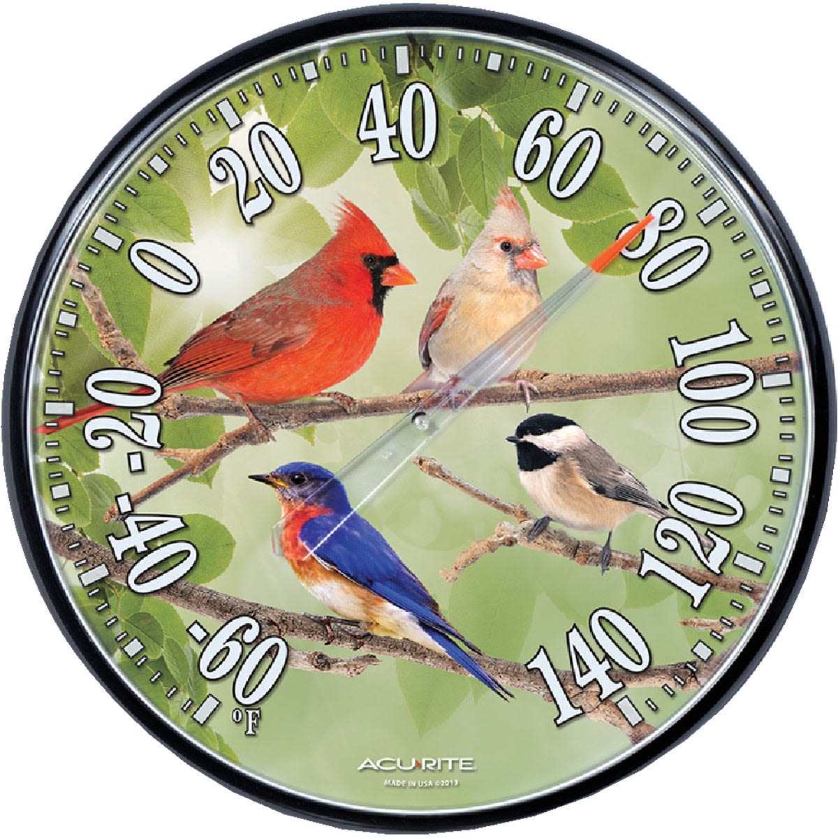 Round plastic dial thermometer with colorful songbirds and large temperature numbers for indoor and outdoor use