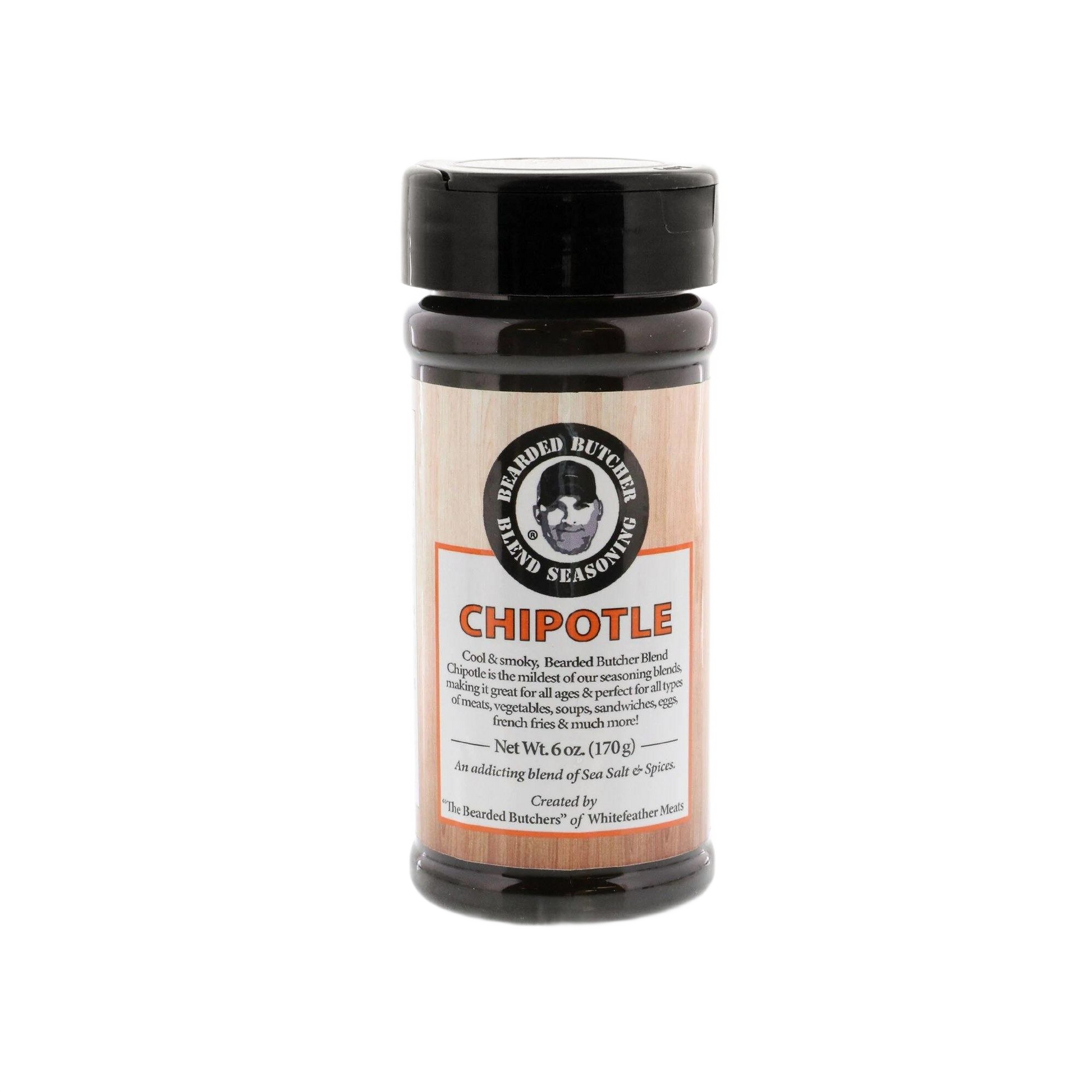 6 oz plastic jar of chipotle seasoning blend with smoky, earthy flavor for grilling and BBQ sauces and spices collection