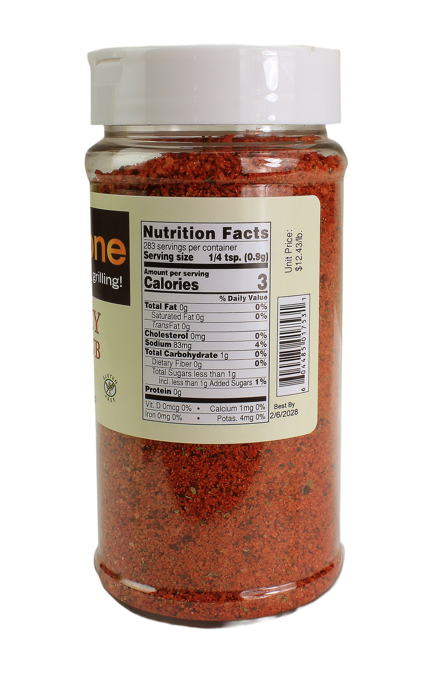 Clear spice jar filled with reddish honey BBQ rub with nutrition facts label for grilling and outdoor living collections