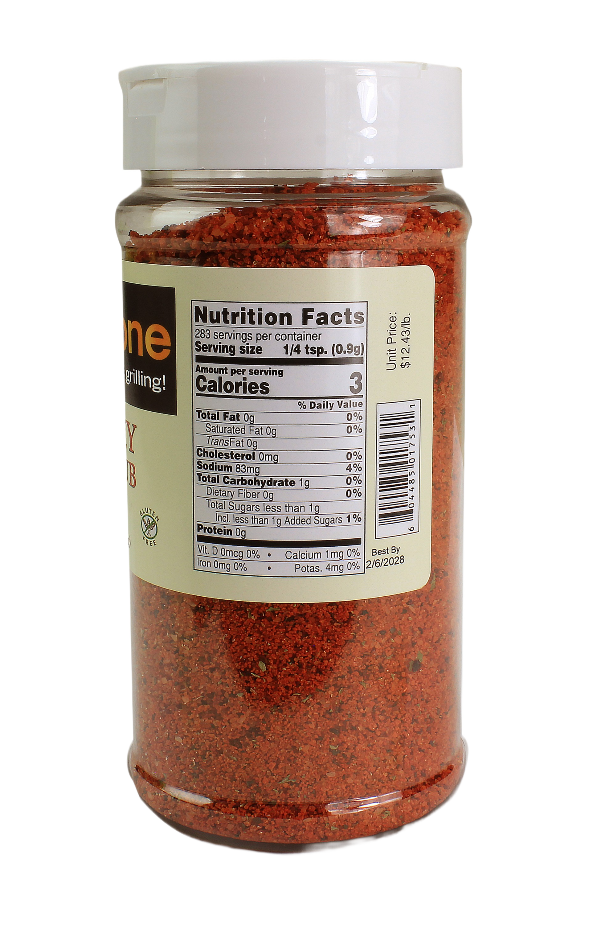 Clear spice jar filled with reddish honey BBQ rub with nutrition facts label for grilling and outdoor living collections