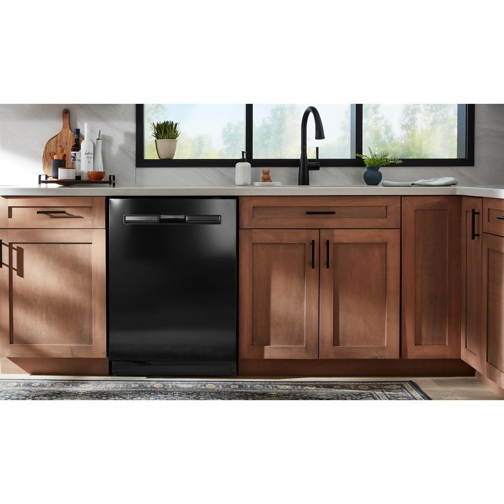 Built-in black dishwasher with top control panel integrated into wooden kitchen cabinetry in home appliances category