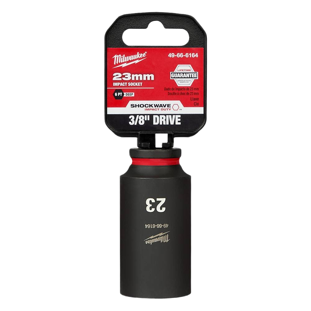 23mm deep impact socket with 3/8" drive, forged steel construction for Milwaukee hand tools in home improvement projects