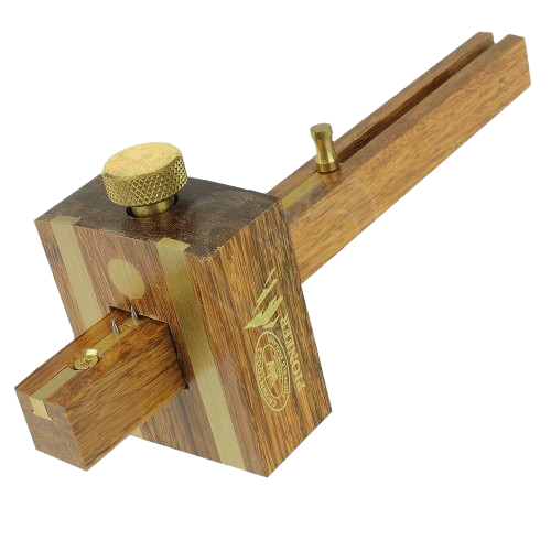 Crown Pioneer Deluxe Mortising & Marking Gauge with wooden body and brass adjustment hardware for precise woodworking tools.
