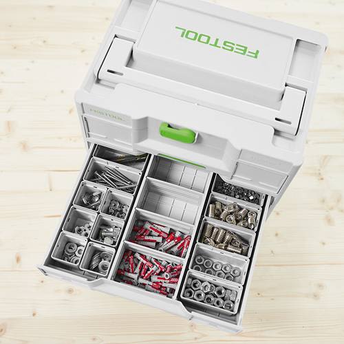 Plastic storage container set with multiple compartments organizing screws, nuts, and small hardware for workshop tools collection