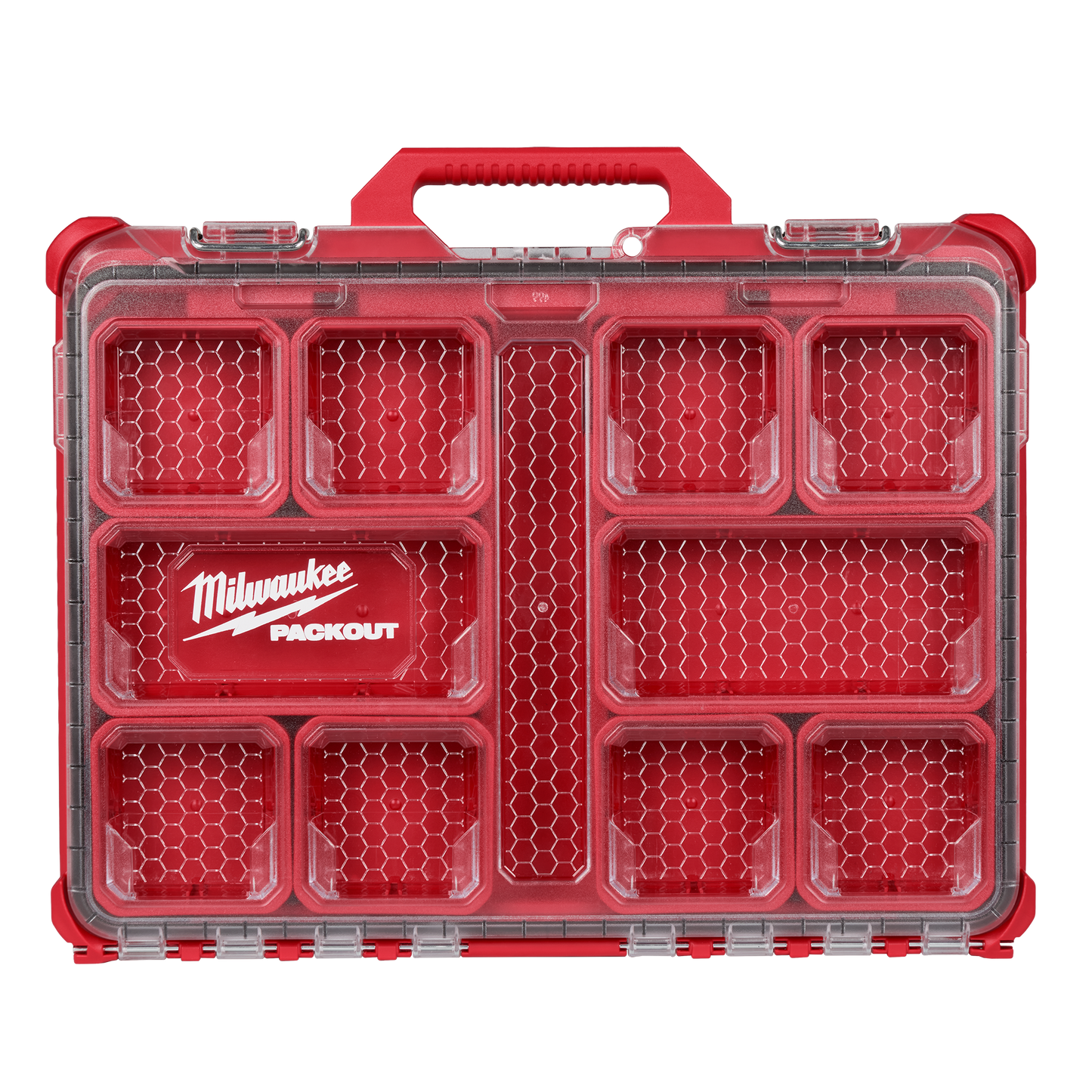 Compact red Milwaukee PACKOUT™ organizer with clear lid and multiple compartments for tool storage under $50 collections