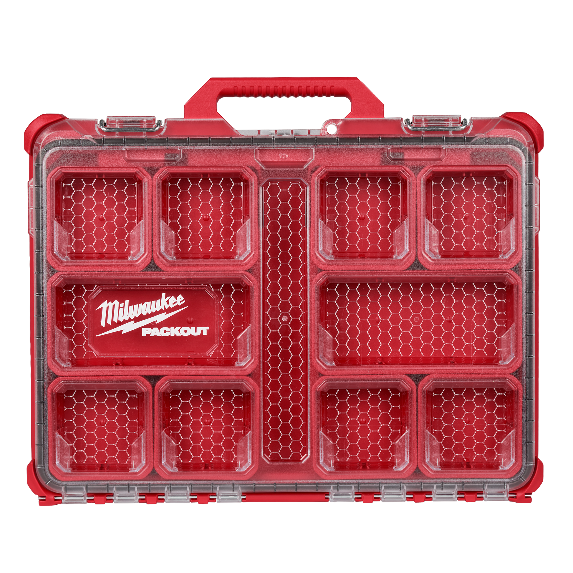 Compact red Milwaukee PACKOUT™ organizer with clear lid and multiple compartments for tool storage under $50 collections