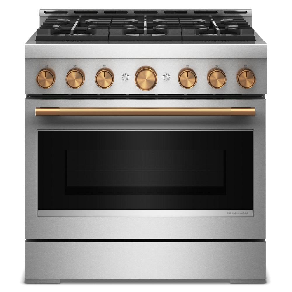 36-inch stainless steel gas range with six burners and bronze control knobs for kitchen appliance upgrades