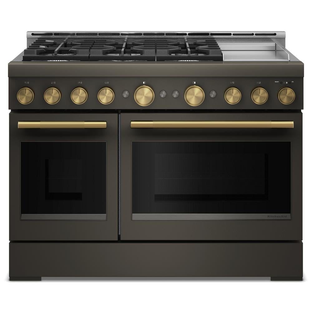 Black and brass KitchenAid commercial-style 48-inch range with six burners and dual ovens from appliance collection