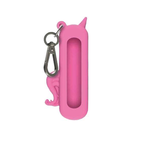 Pink silicone protective case with unicorn horn and metal keychain clip for compact tools or gadgets