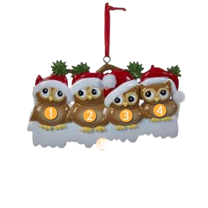 Resin Christmas ornament of four owls wearing Santa hats perched on a snowy base for holiday decor under $50 collection