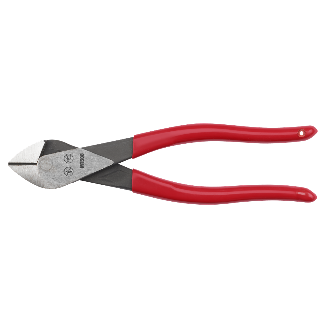 Diagonal cutting pliers with red dipped handles designed for precise wire cutting in tools and home improvement tasks