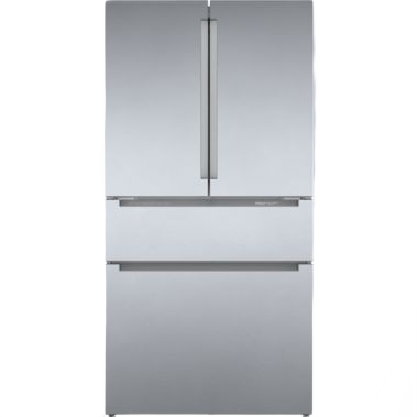 Stainless steel French door bottom mount refrigerator with anti-fingerprint finish in modern kitchen appliances collection