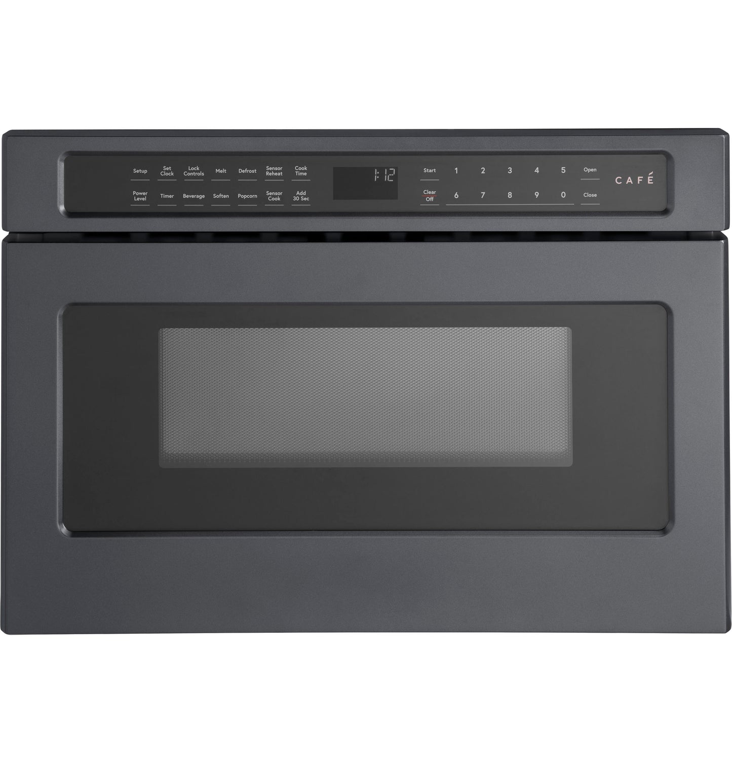 Built-in microwave drawer oven in matte black with digital control panel and multiple preset cooking options for modern kitchens