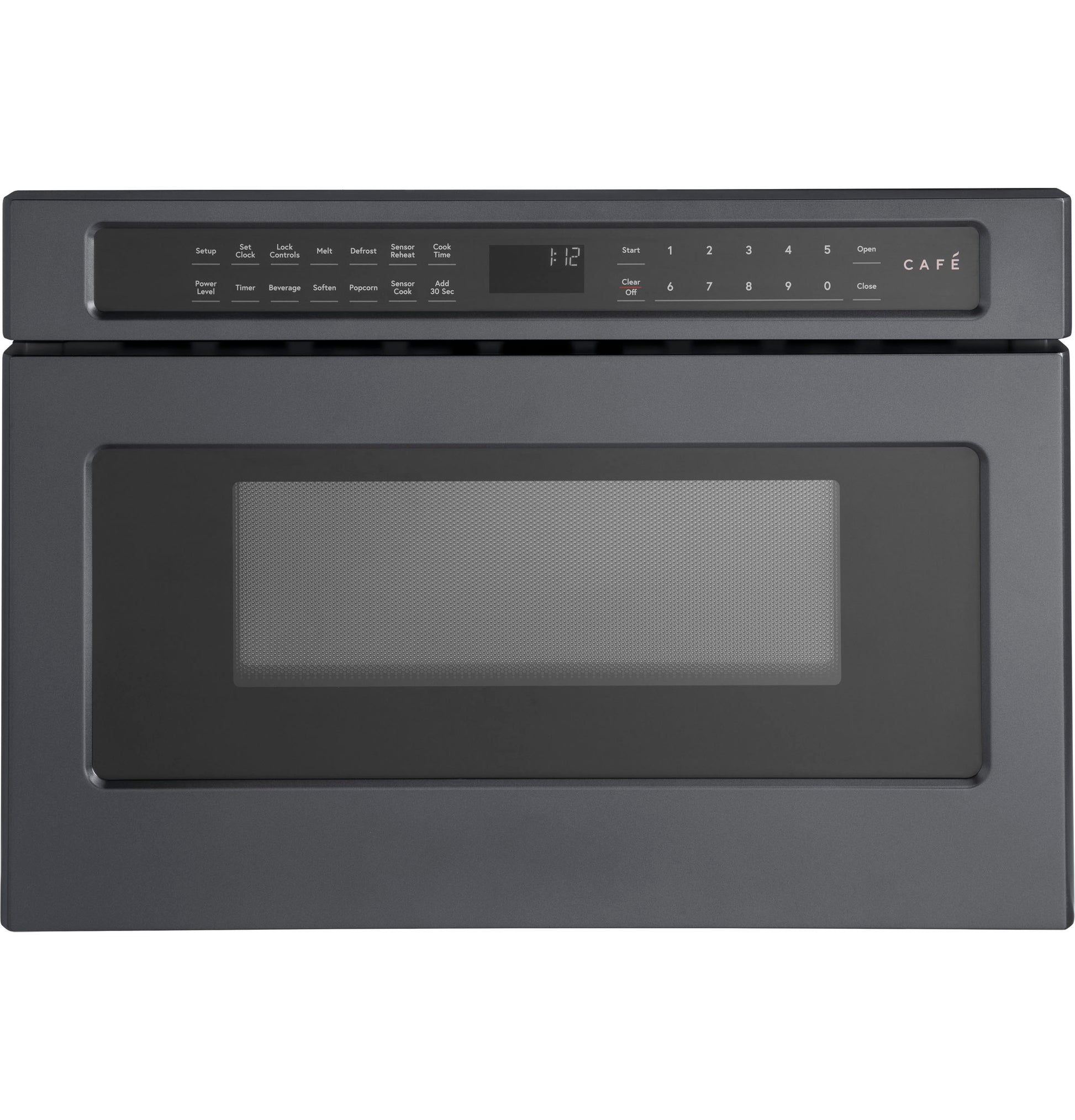 Built-in microwave drawer oven in matte black with digital control panel and multiple preset cooking options for modern kitchens