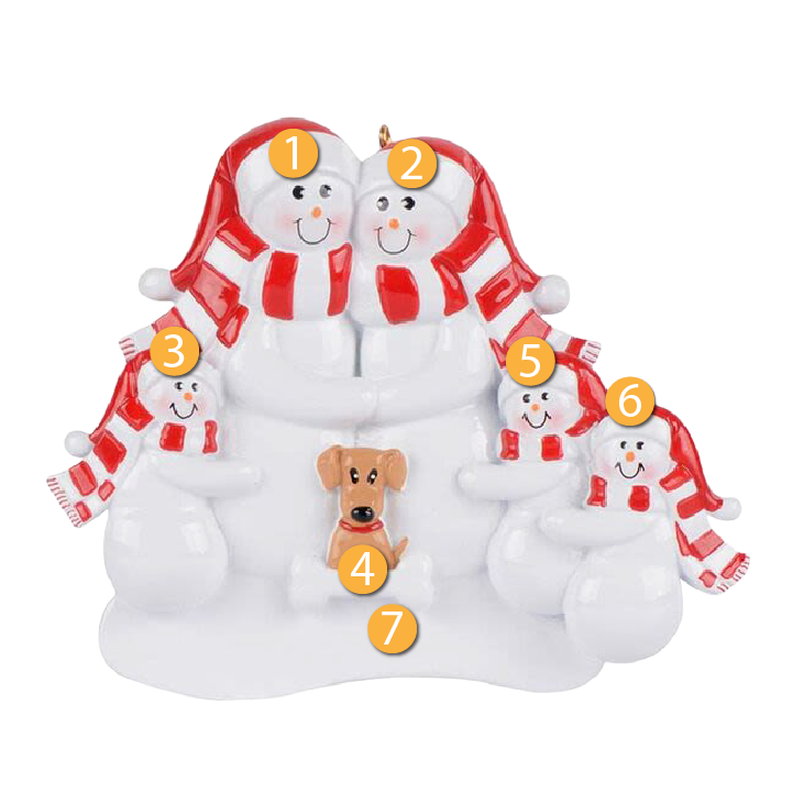 Personalized snow family of five with tan dog wearing red scarves and hats for Christmas décor under $50