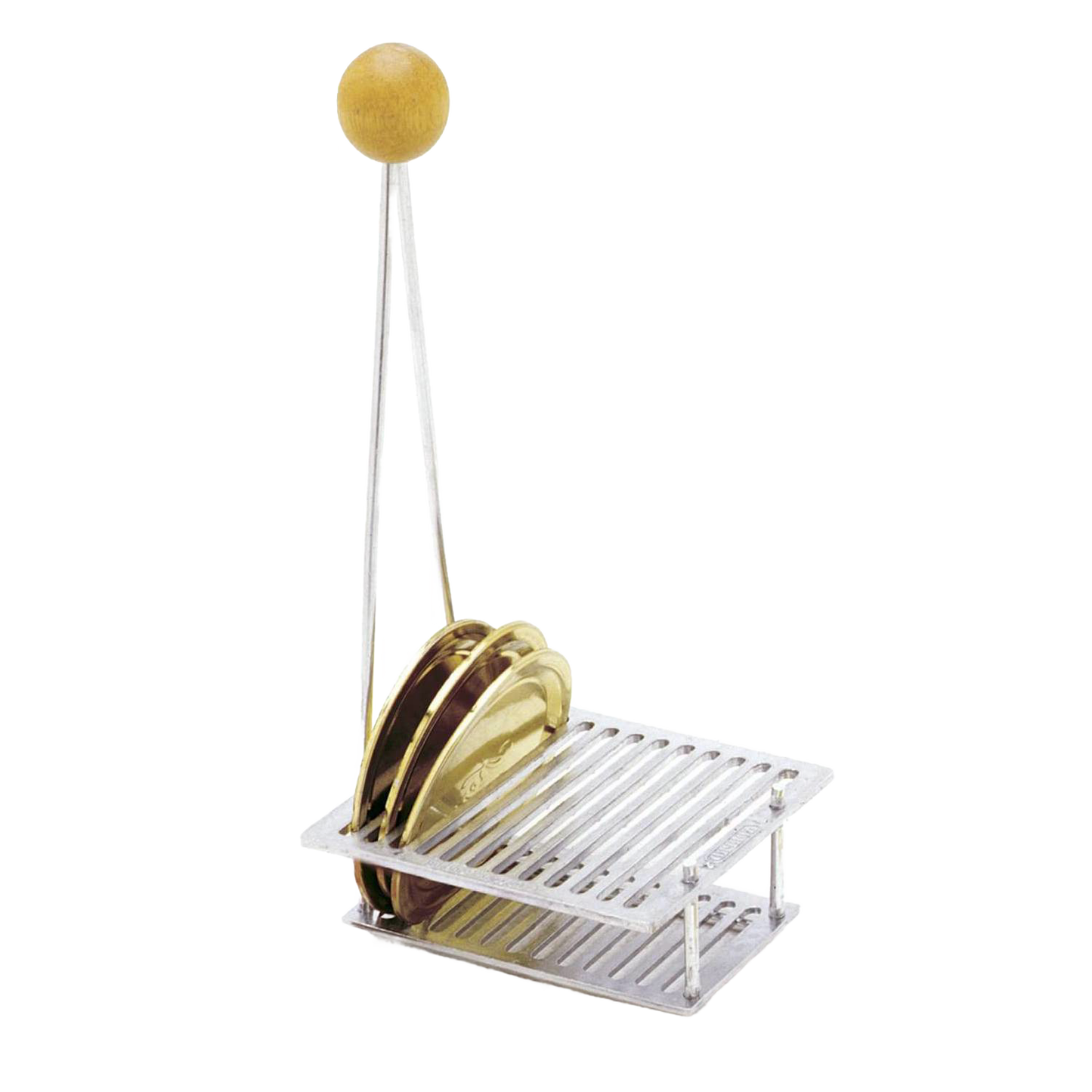 Compact metal rack with wooden handle for sterilizing canning lids in kitchenware and home improvement collections
