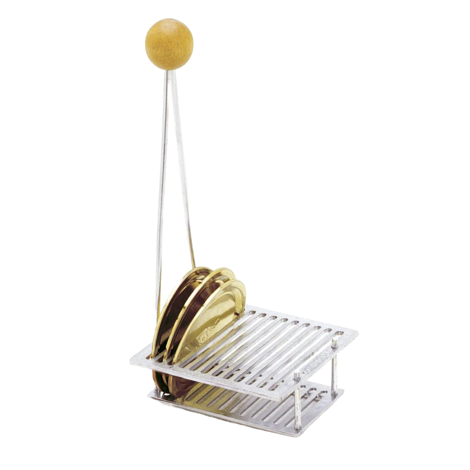 Compact metal rack with wooden handle for sterilizing canning lids in kitchenware and home improvement collections