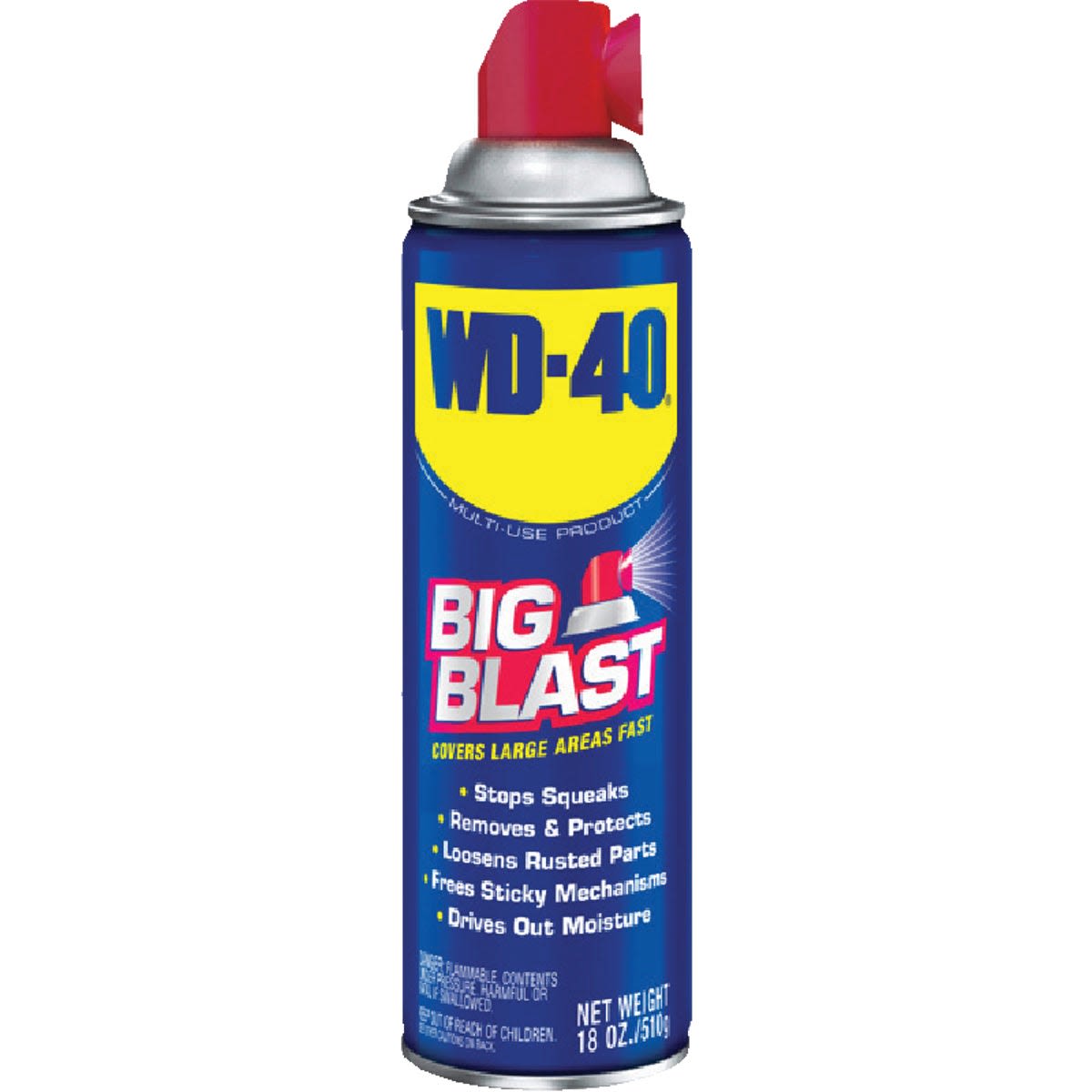 Blue and yellow can of multipurpose lubricant spray with red nozzle for tools and home improvement use