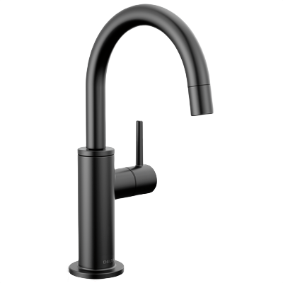 Matte black round beverage faucet with high-arc spout and single lever for kitchen and home improvement collections