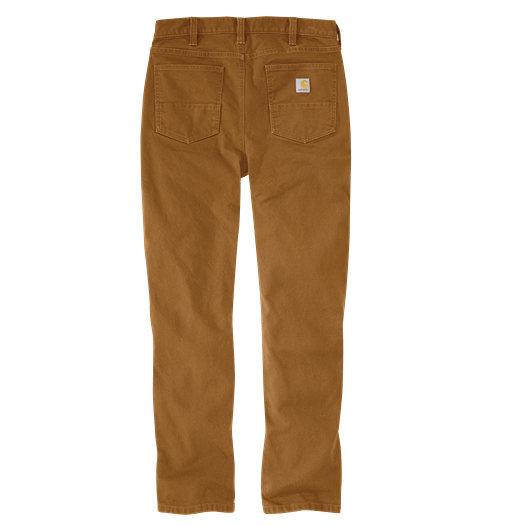 Rear view of men's slim tapered pants in rugged duck fabric with dual back patch pockets and logo label on right pocket