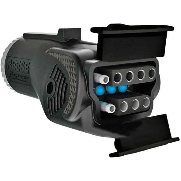 Black plastic 7-way trailer wiring connector with protective cover for towing equipment and automotive accessories collections