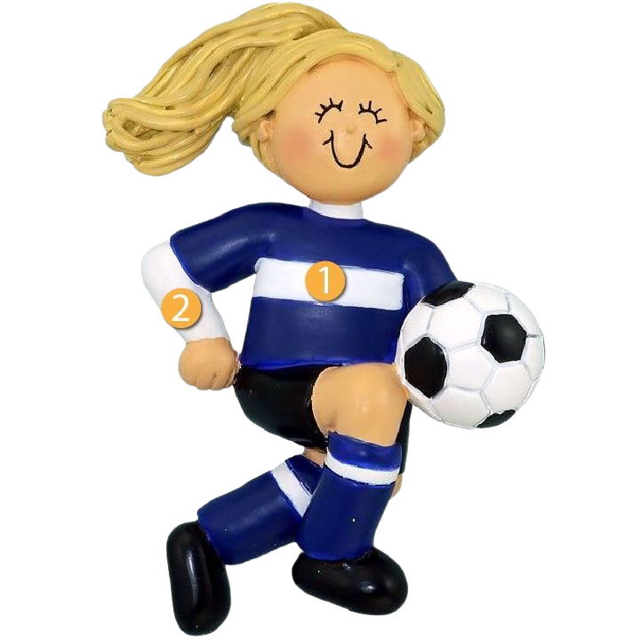 Blonde female soccer player in blue uniform with flowing hair holding a soccer ball Christmas ornament under $50