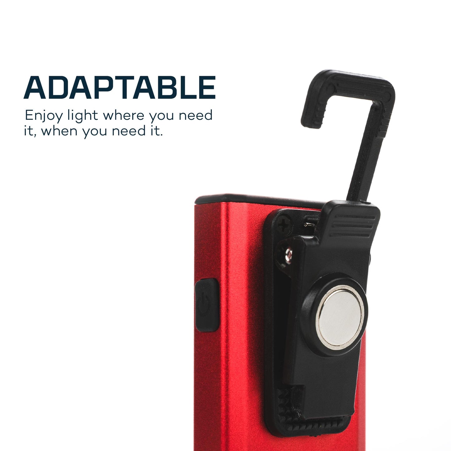 Close-up of red rechargeable LED pocket light with adjustable black hanging hook for versatile hands-free use in home improvement tasks