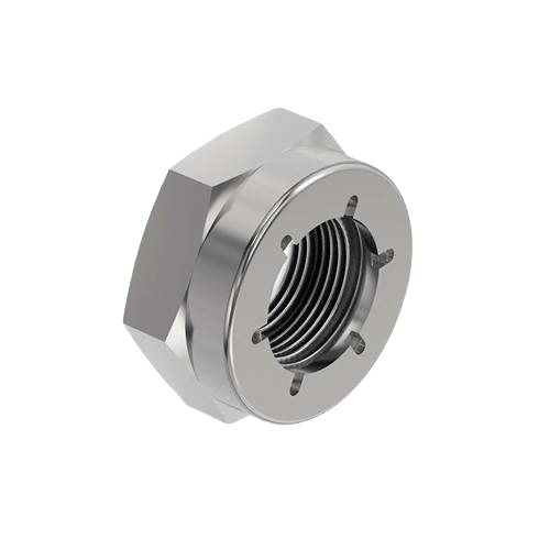 Hexagonal stainless steel lock nut with threaded interior for secure fastening in John Deere parts and lubricants collection