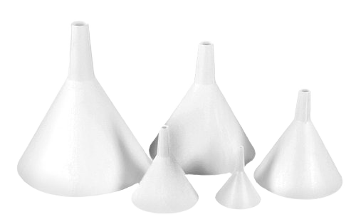 Set of five white plastic funnels in multiple sizes for kitchenware and household use under $50 collections