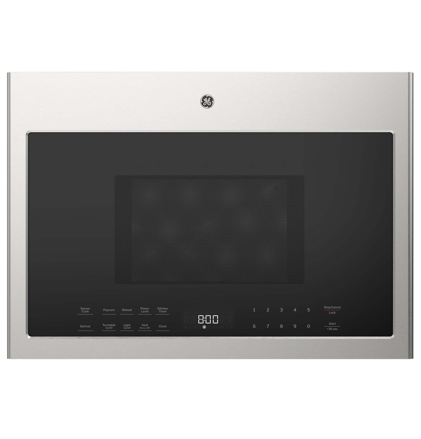 Stainless steel over-the-range microwave with digital control panel and LED display in kitchen appliances collection