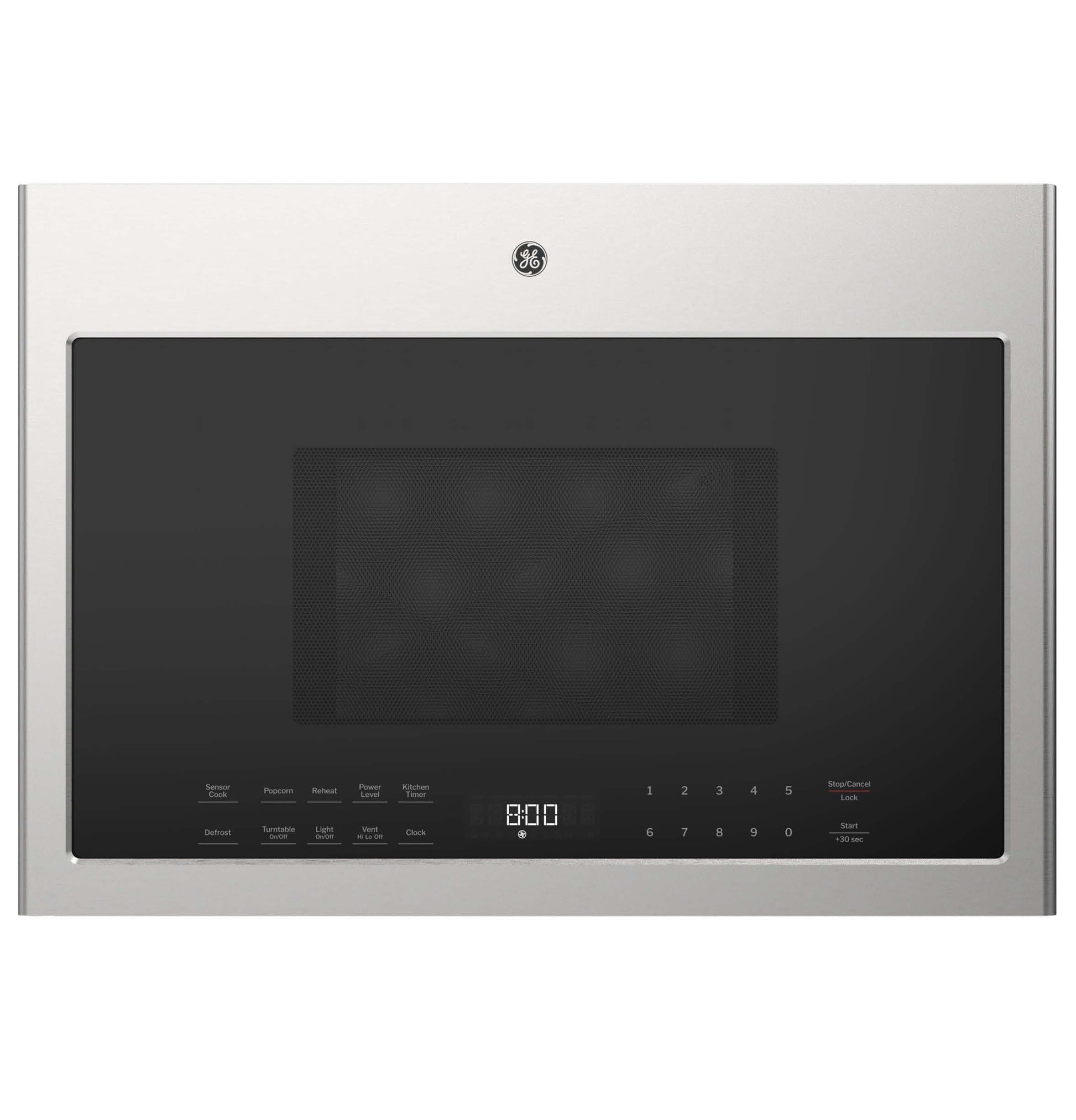 Stainless steel over-the-range microwave with digital control panel and LED display in kitchen appliances collection