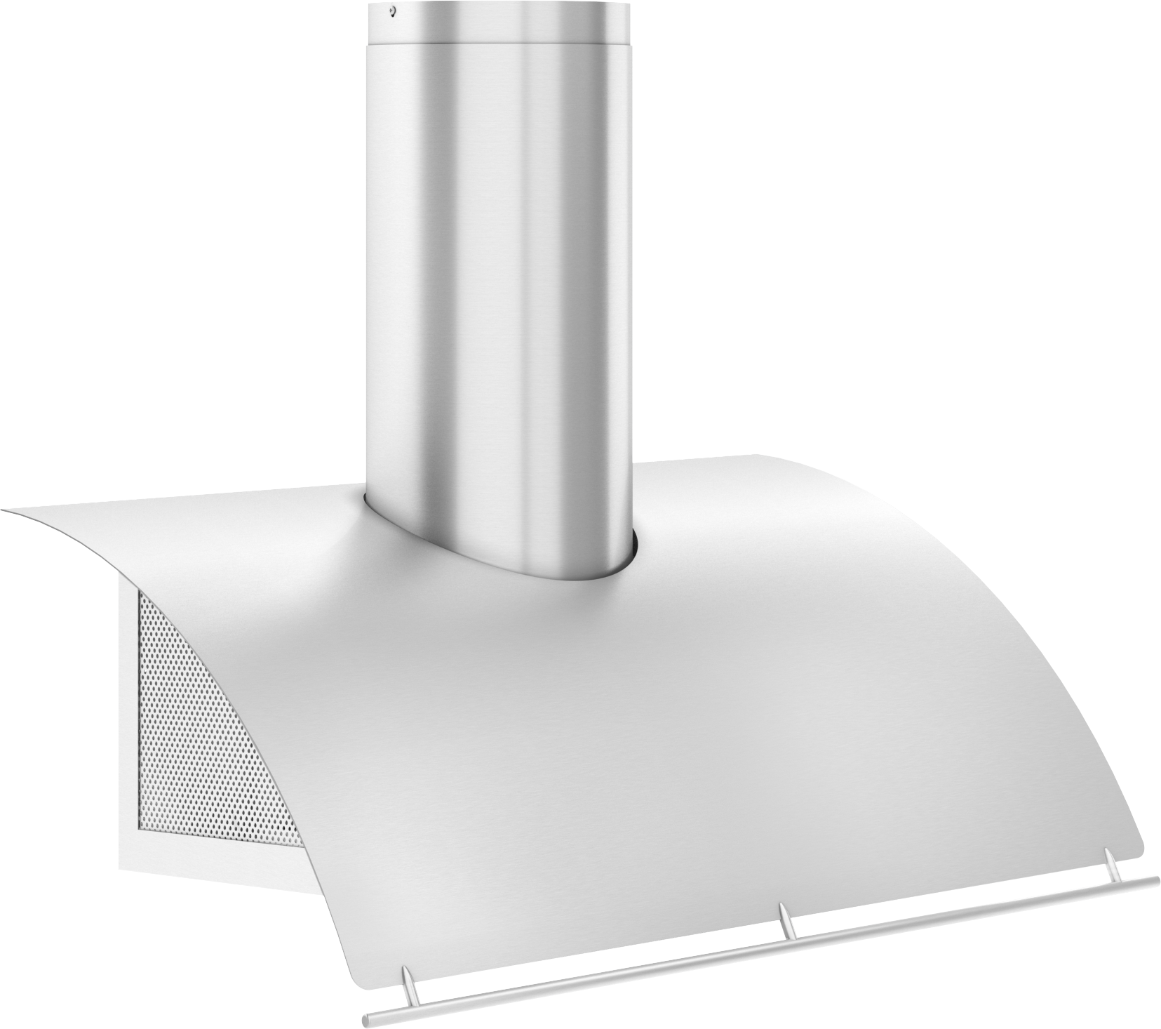 Curved stainless steel chimney hood with perforated side panels and LED lighting for range hood kitchen appliances collection