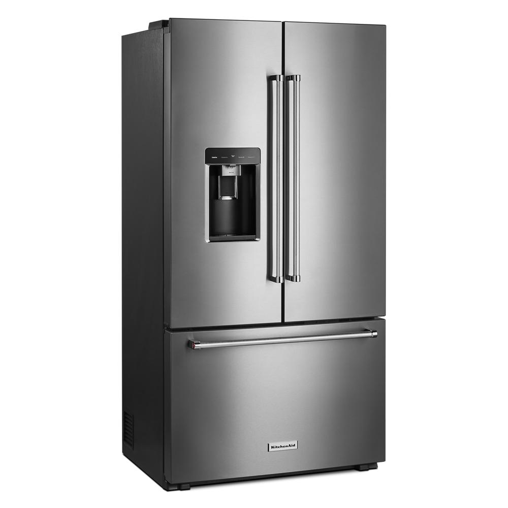 Counter-depth French door refrigerator in stainless steel with water dispenser and spacious lower freezer drawer for kitchen use